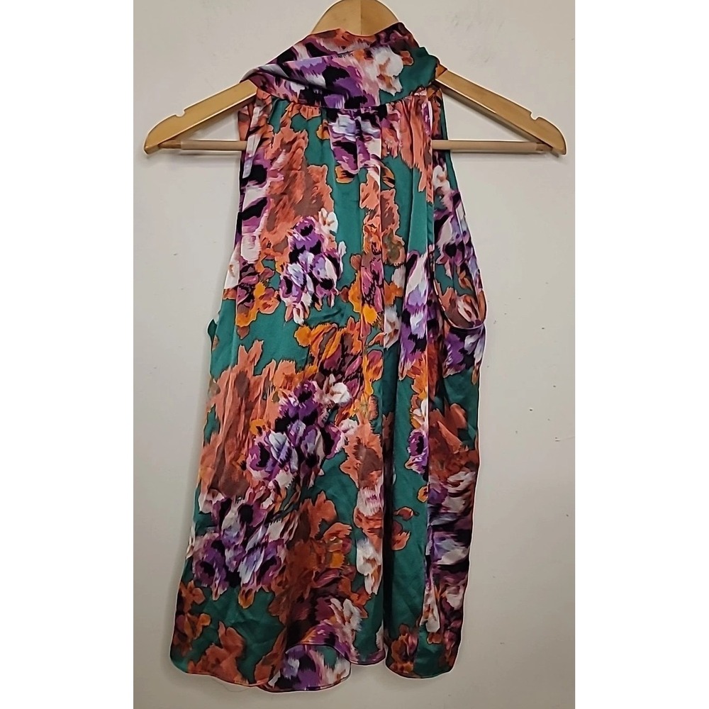 MISA LOS ANGELES Halter Top Sleeveless Tie Back Keyhole V Neck Blouse S Colorful